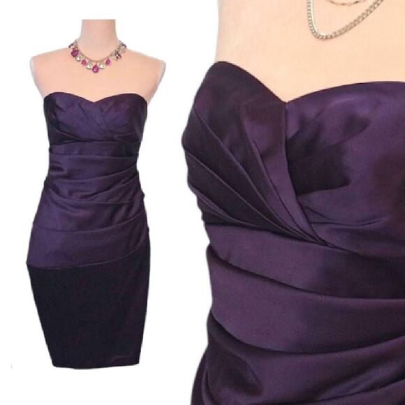 David's Bridal Purple Satin Ruched Strapless Formal Mini Dress Size 8 - Picture 1 of 15
